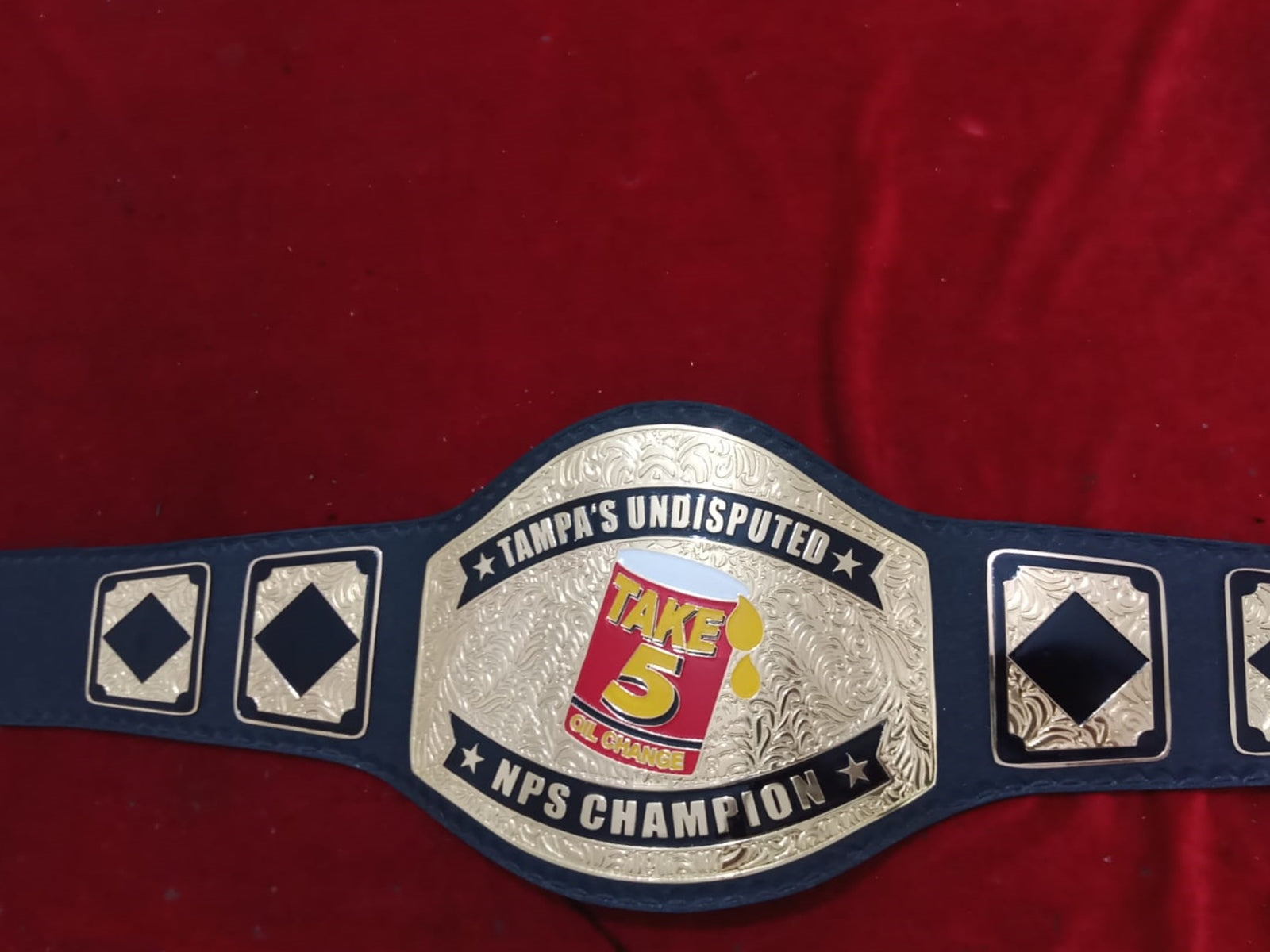 Custom Name and Take 5 Oil Change Can Logo Wrestling Championship Belt - Customize Wrestling Belts