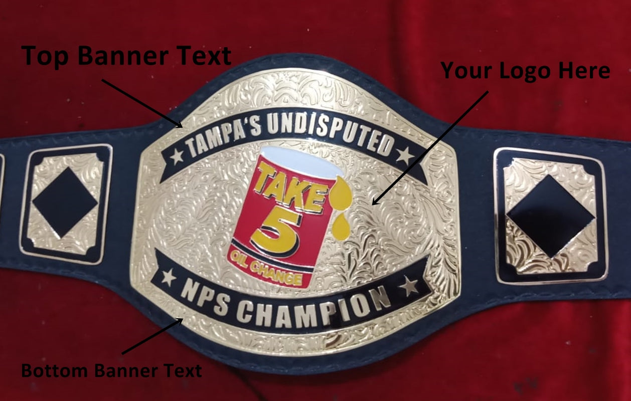 Custom Name and Take 5 Oil Change Can Logo Wrestling Championship Belt - Customize Wrestling Belts